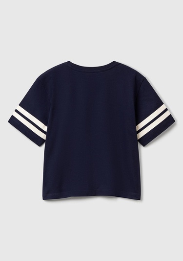  Erkek Çocuk Lacivert Fotoğraf Baskılı Kolu Çizgili Oversize T-Shirt