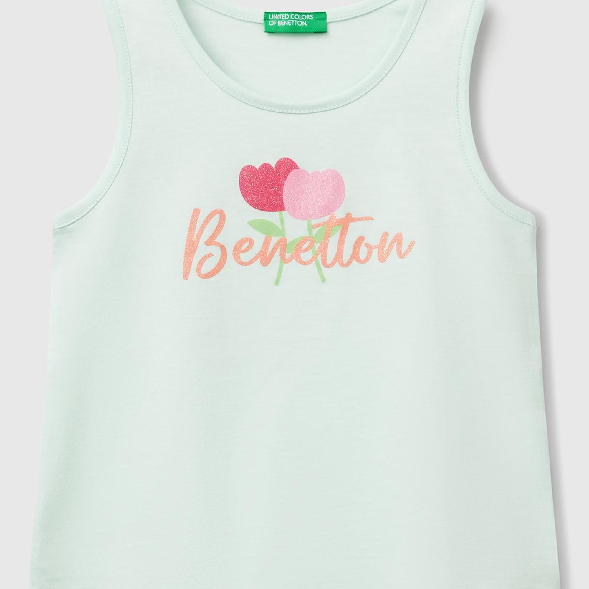 Kız Çocuk Su Yeşili Simli Benetton Logo Baskılı Atlet