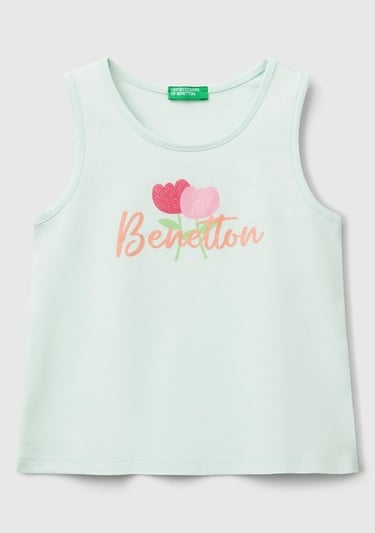  Kız Çocuk Su Yeşili Simli Benetton Logo Baskılı Atlet