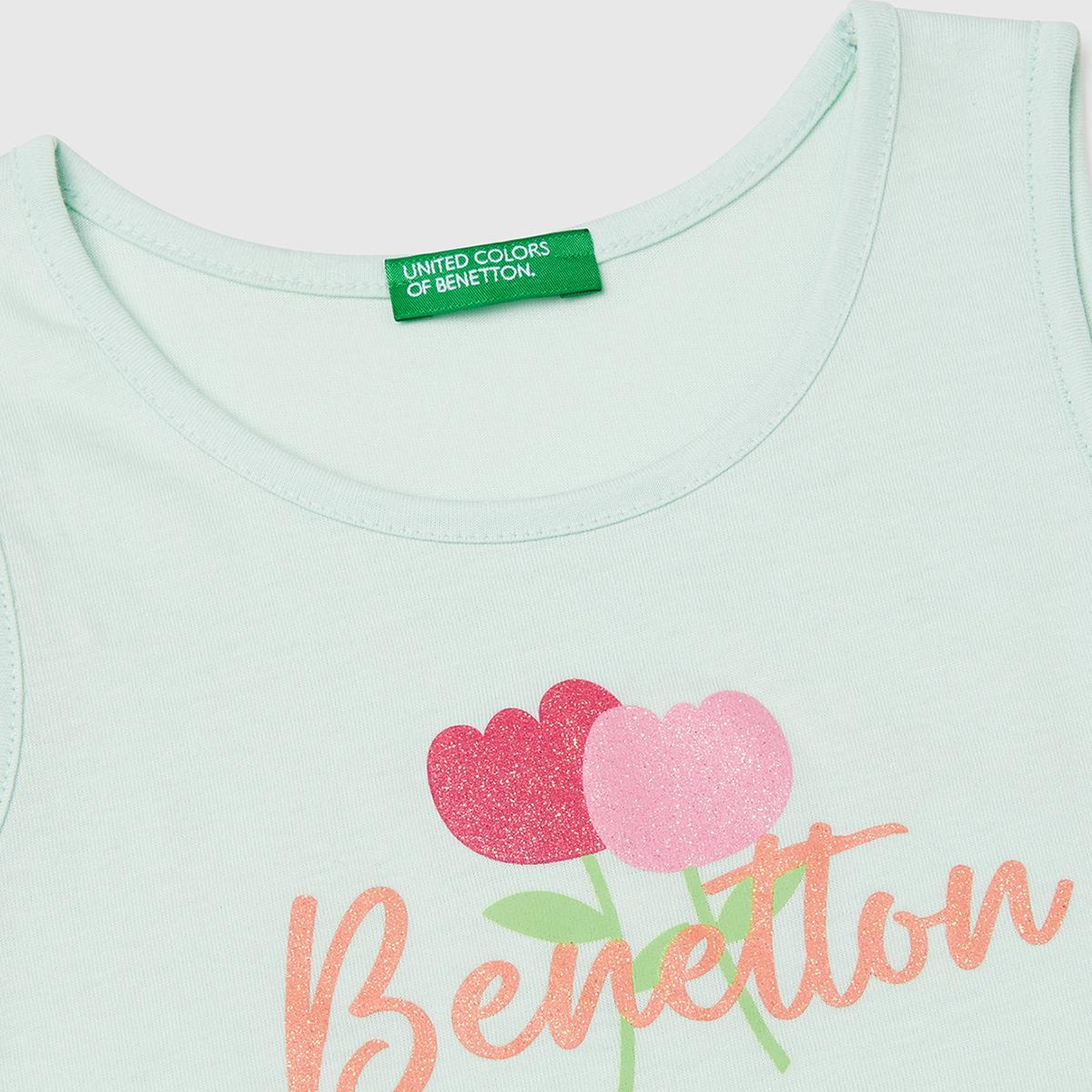 Kız Çocuk Su Yeşili Simli Benetton Logo Baskılı Atlet