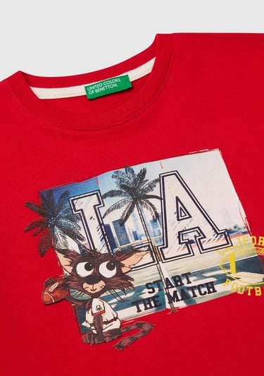  Erkek Çocuk Kırmızı Fotoğraf Baskılı Kolu Çizgili Oversize T-Shirt