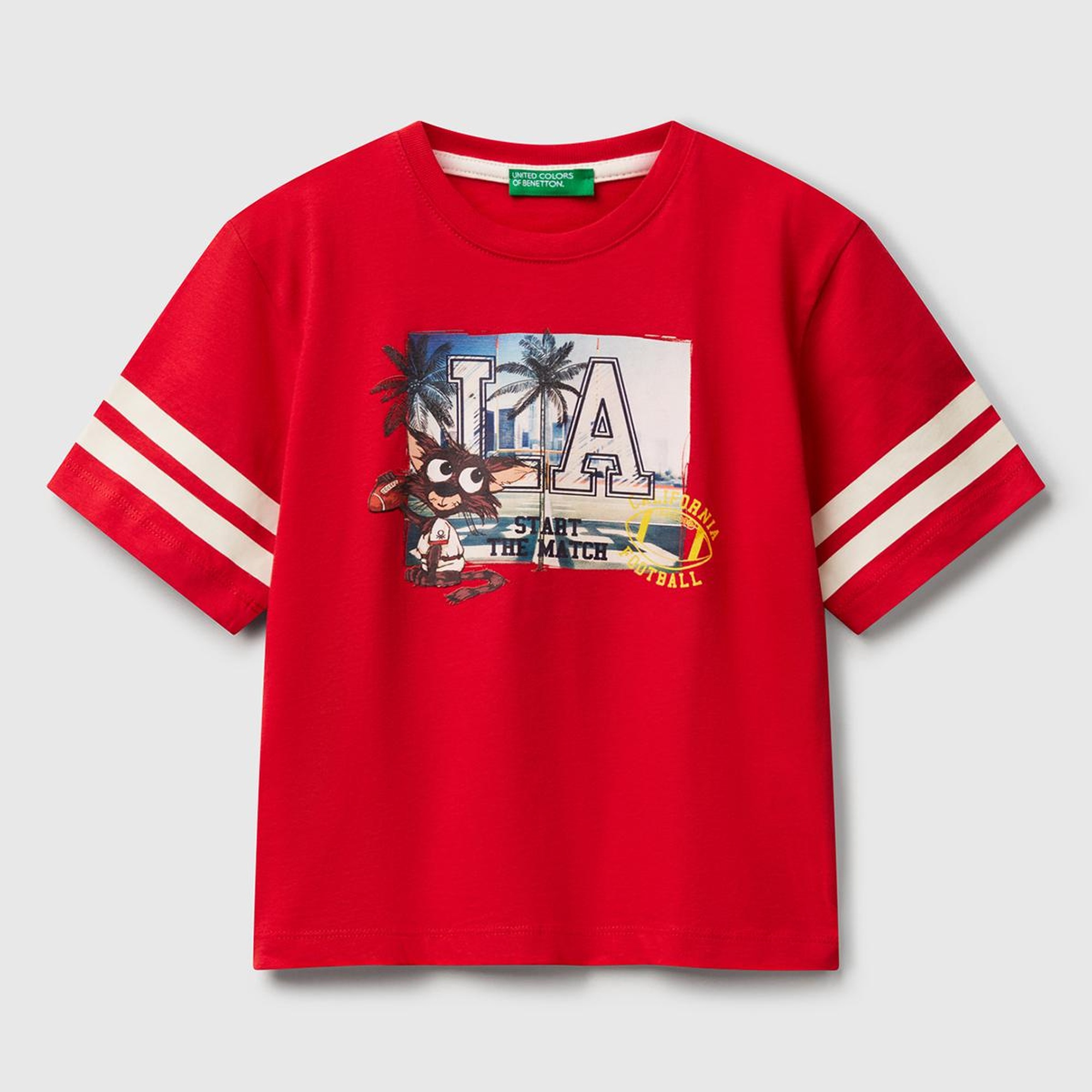 Erkek Çocuk Kırmızı Fotoğraf Baskılı Kolu Çizgili Oversize T-Shirt