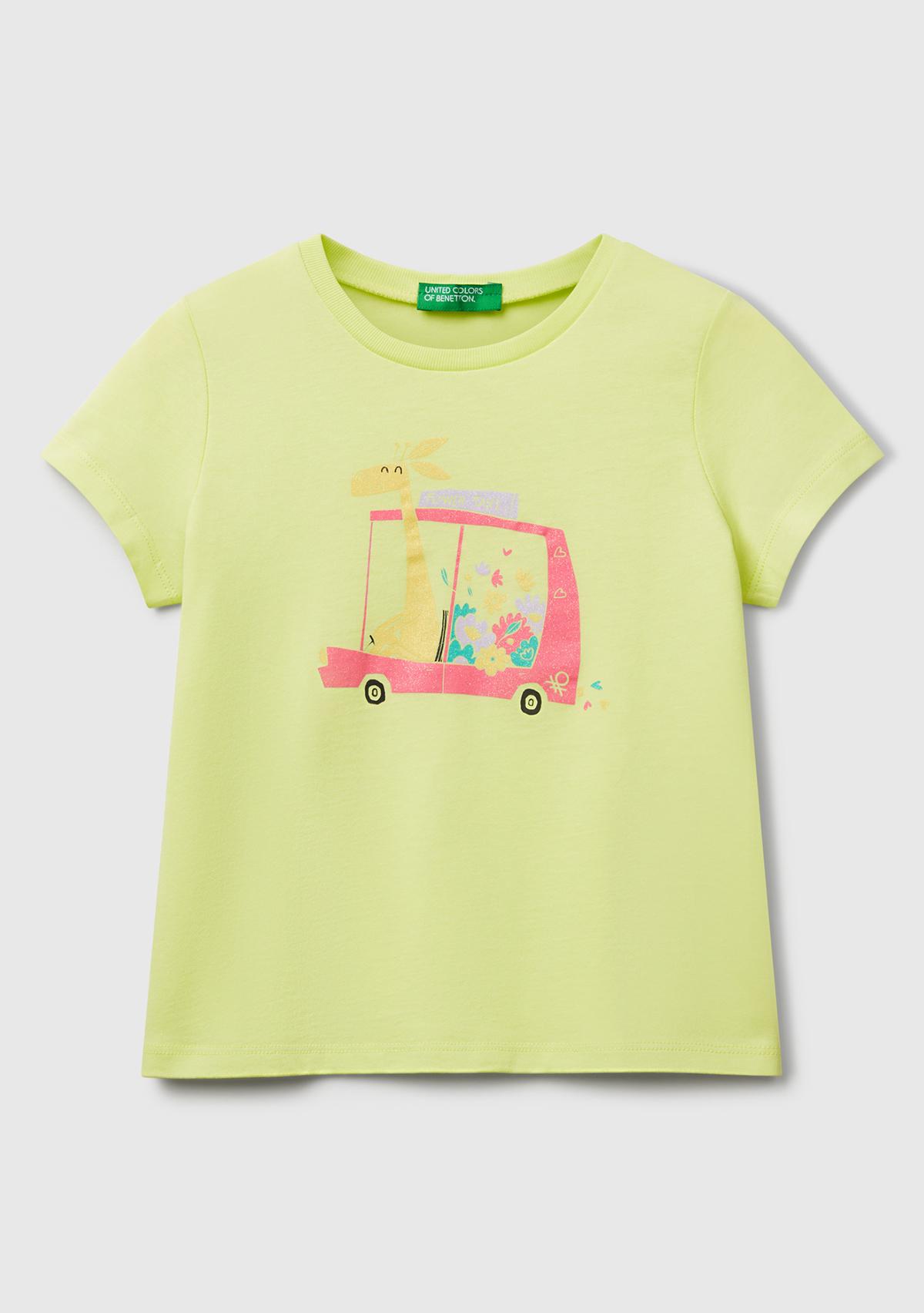  Kız Çocuk Sarı Simli Grafik Baskılı T-Shirt