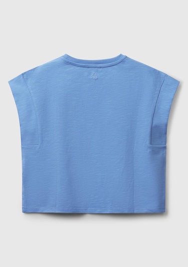  Kız Çocuk Mavi Önü Makrome İşlemeli Arkası Logo Baskılı T-Shirt