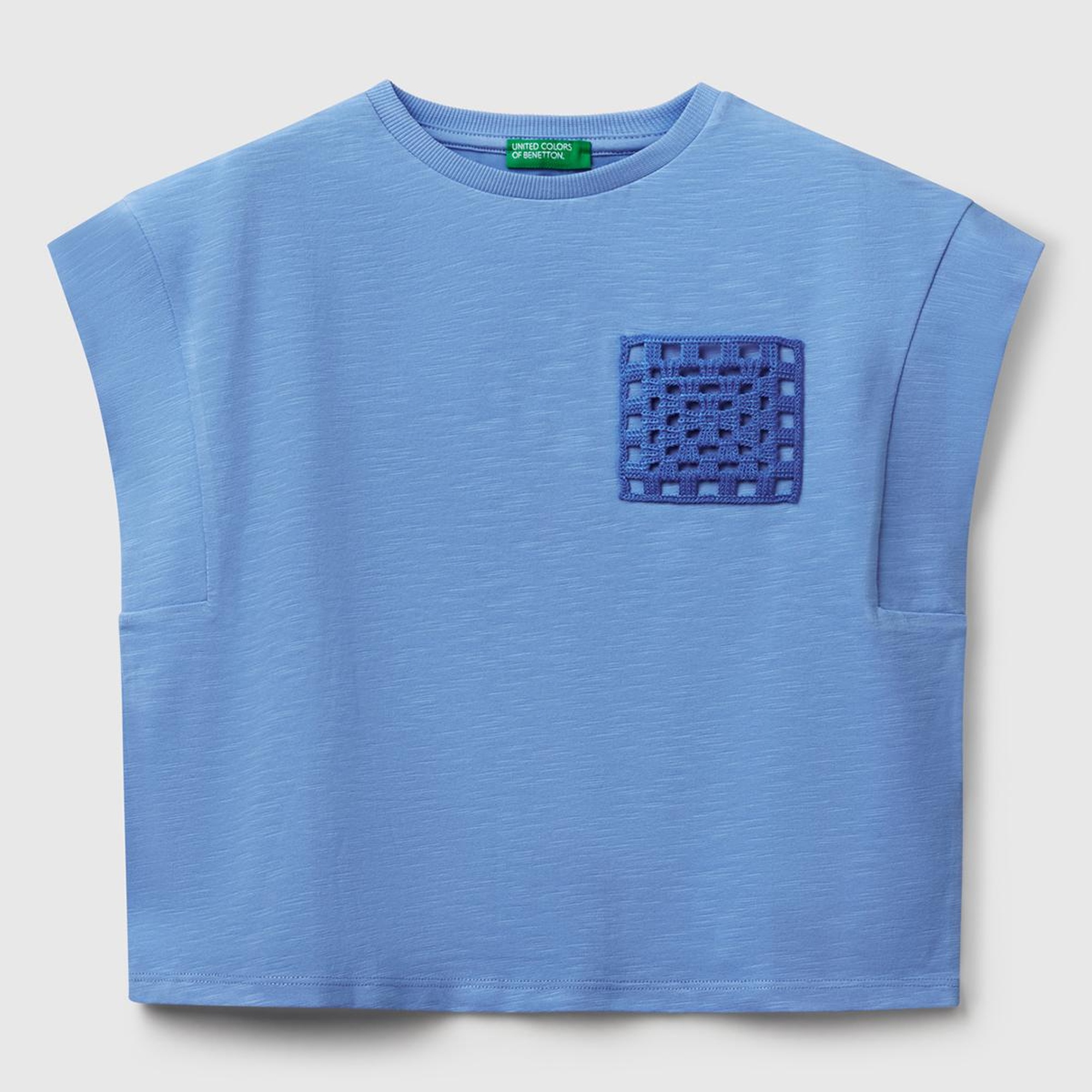 Kız Çocuk Mavi Önü Makrome İşlemeli Arkası Logo Baskılı T-Shirt