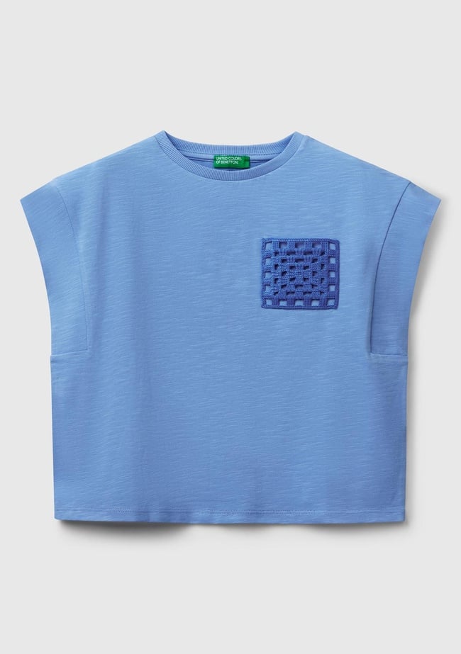  Kız Çocuk Mavi Önü Makrome İşlemeli Arkası Logo Baskılı T-Shirt