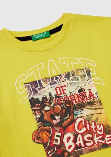  Erkek Çocuk Sarı Fotoğraf Baskılı Kolu Çizgili Oversize T-Shirt