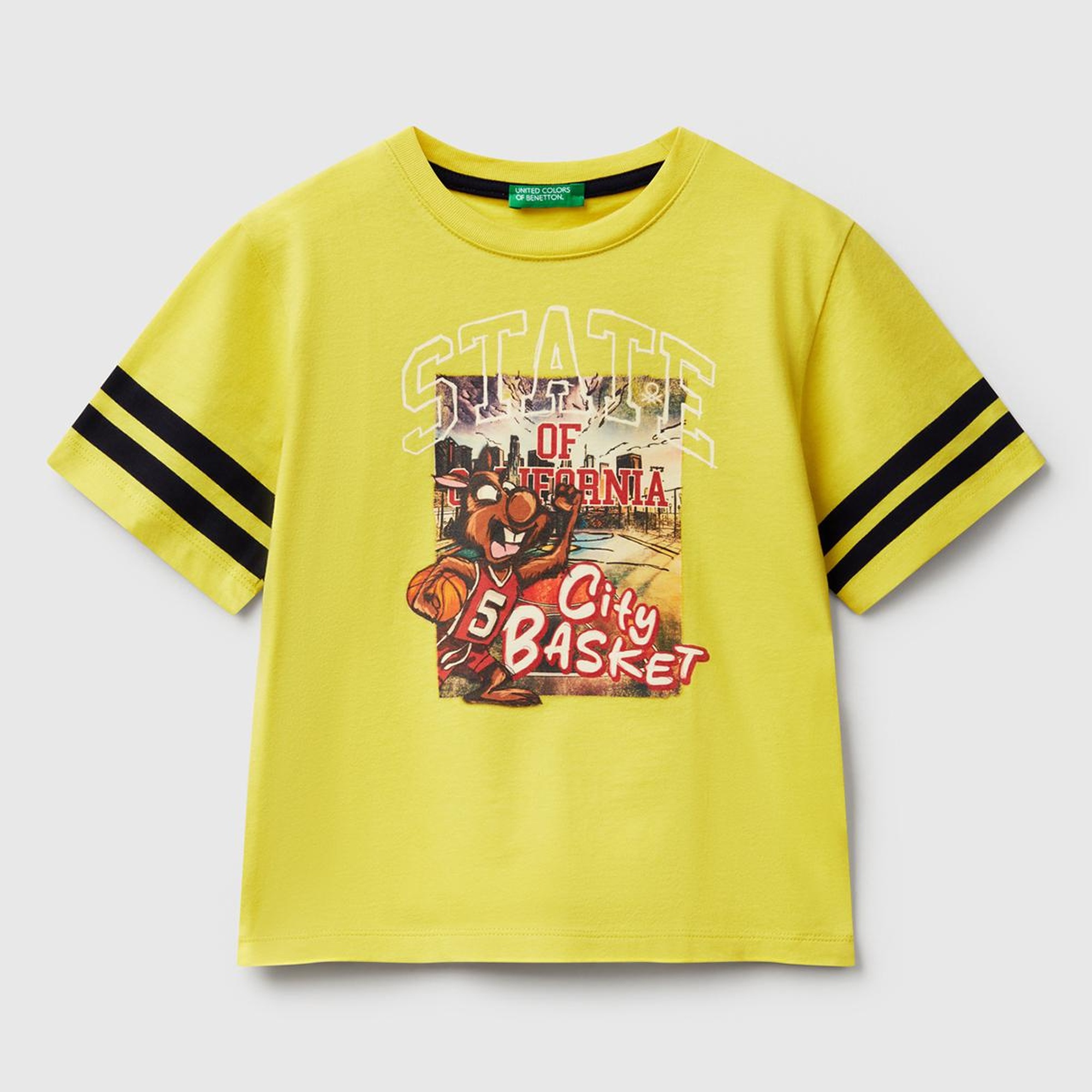 Erkek Çocuk Sarı Fotoğraf Baskılı Kolu Çizgili Oversize T-Shirt