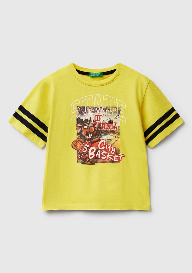  Erkek Çocuk Sarı Fotoğraf Baskılı Kolu Çizgili Oversize T-Shirt