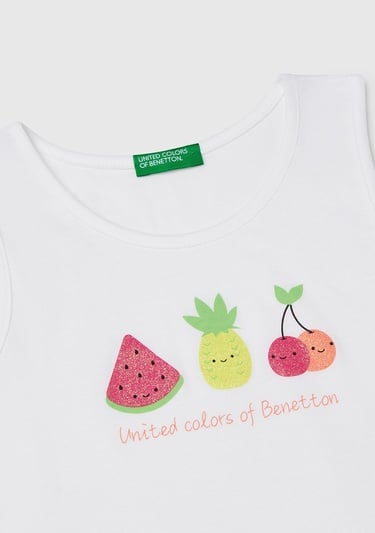  Kız Çocuk Beyaz Simli Benetton Logo Baskılı Atlet