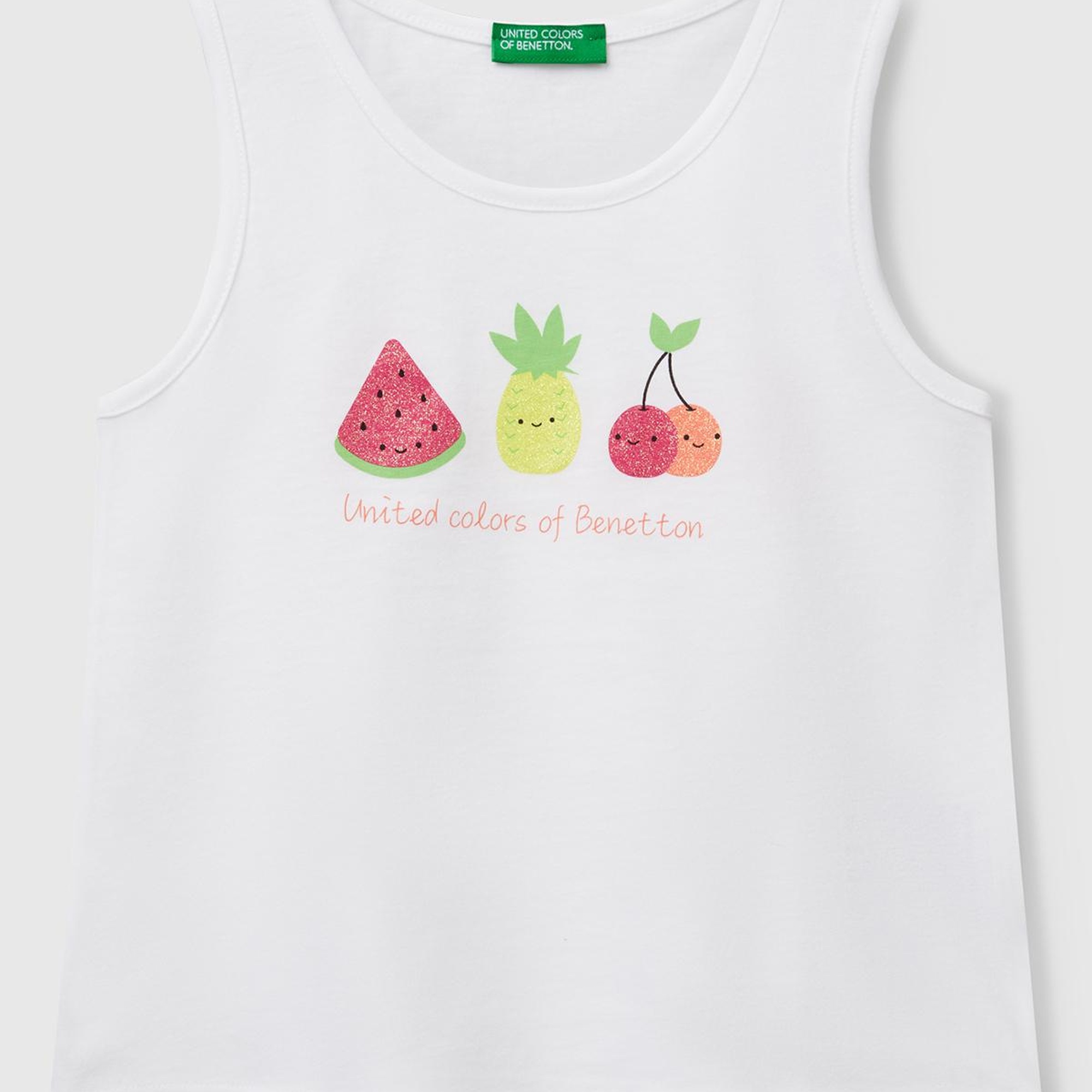 Kız Çocuk Beyaz Simli Benetton Logo Baskılı Atlet