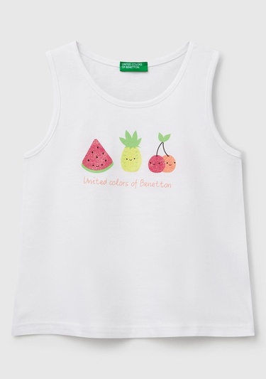  Kız Çocuk Beyaz Simli Benetton Logo Baskılı Atlet