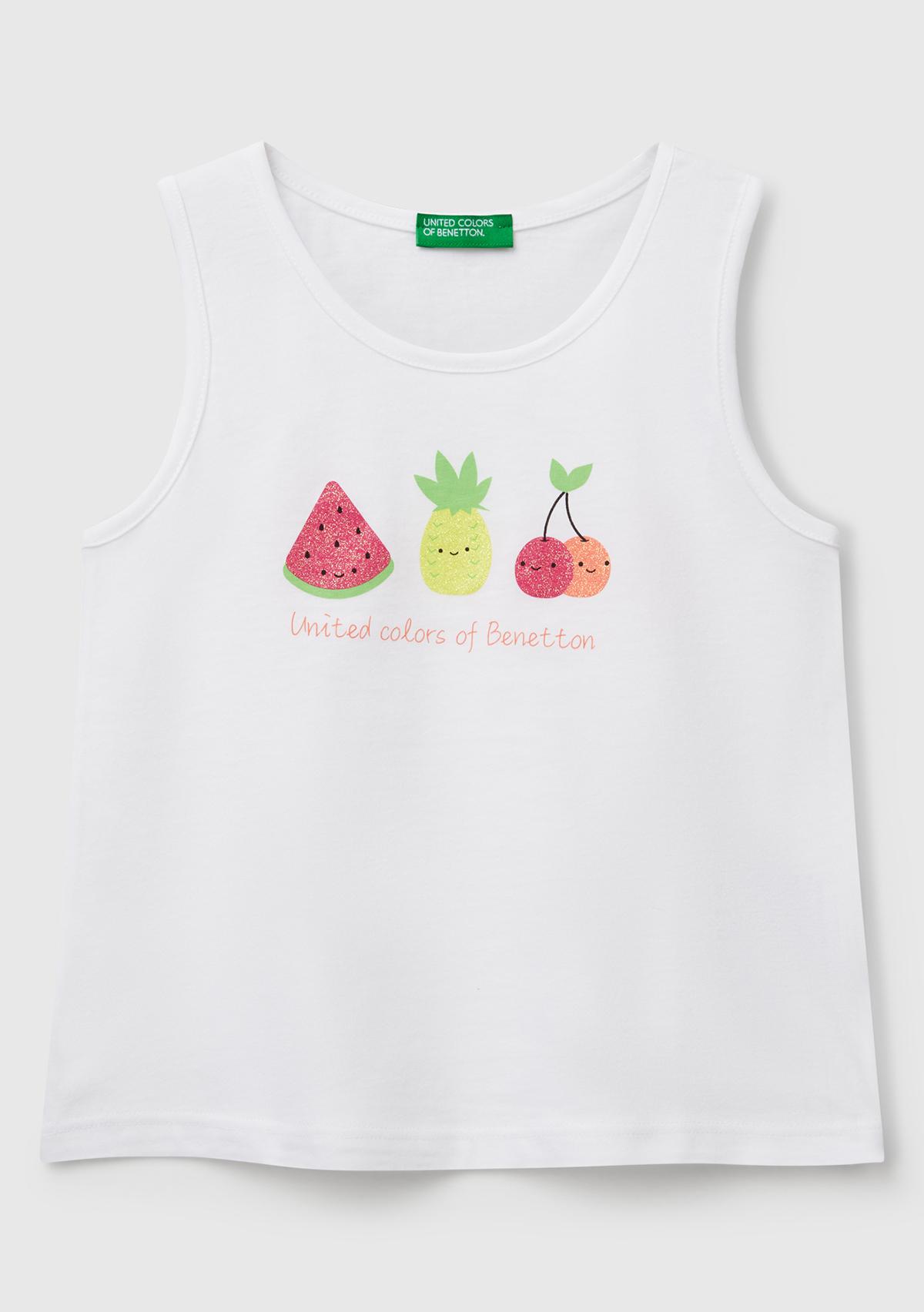  Kız Çocuk Beyaz Simli Benetton Logo Baskılı Atlet