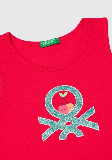  Kız Çocuk Fuşya Simli Benetton Logo Baskılı Atlet