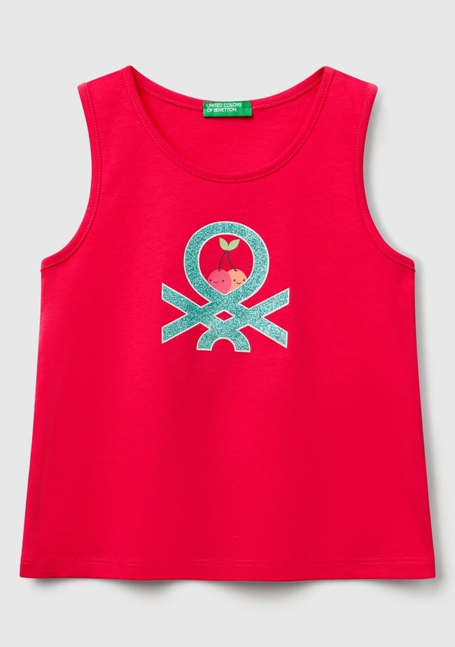  Kız Çocuk Fuşya Simli Benetton Logo Baskılı Atlet