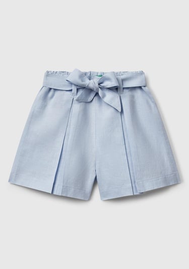  Kız Çocuk Toz Mavi Keten Karışımlı Beli Lastikli Kuşaklı Pileli Bermuda Şort