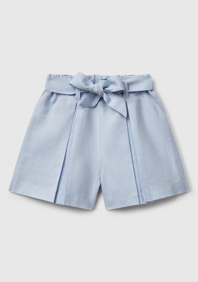  Kız Çocuk Toz Mavi Keten Karışımlı Beli Lastikli Kuşaklı Pileli Bermuda Şort