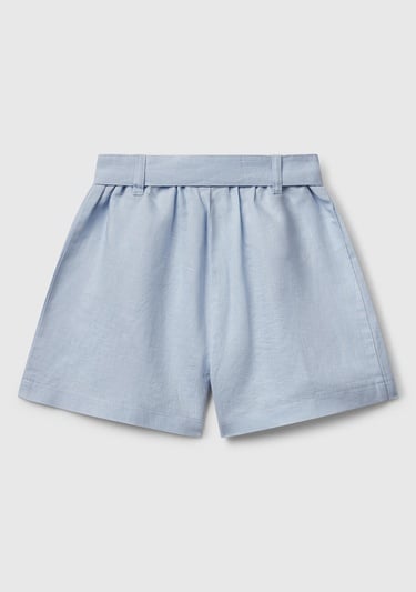  Kız Çocuk Toz Mavi Keten Karışımlı Beli Lastikli Kuşaklı Pileli Bermuda Şort