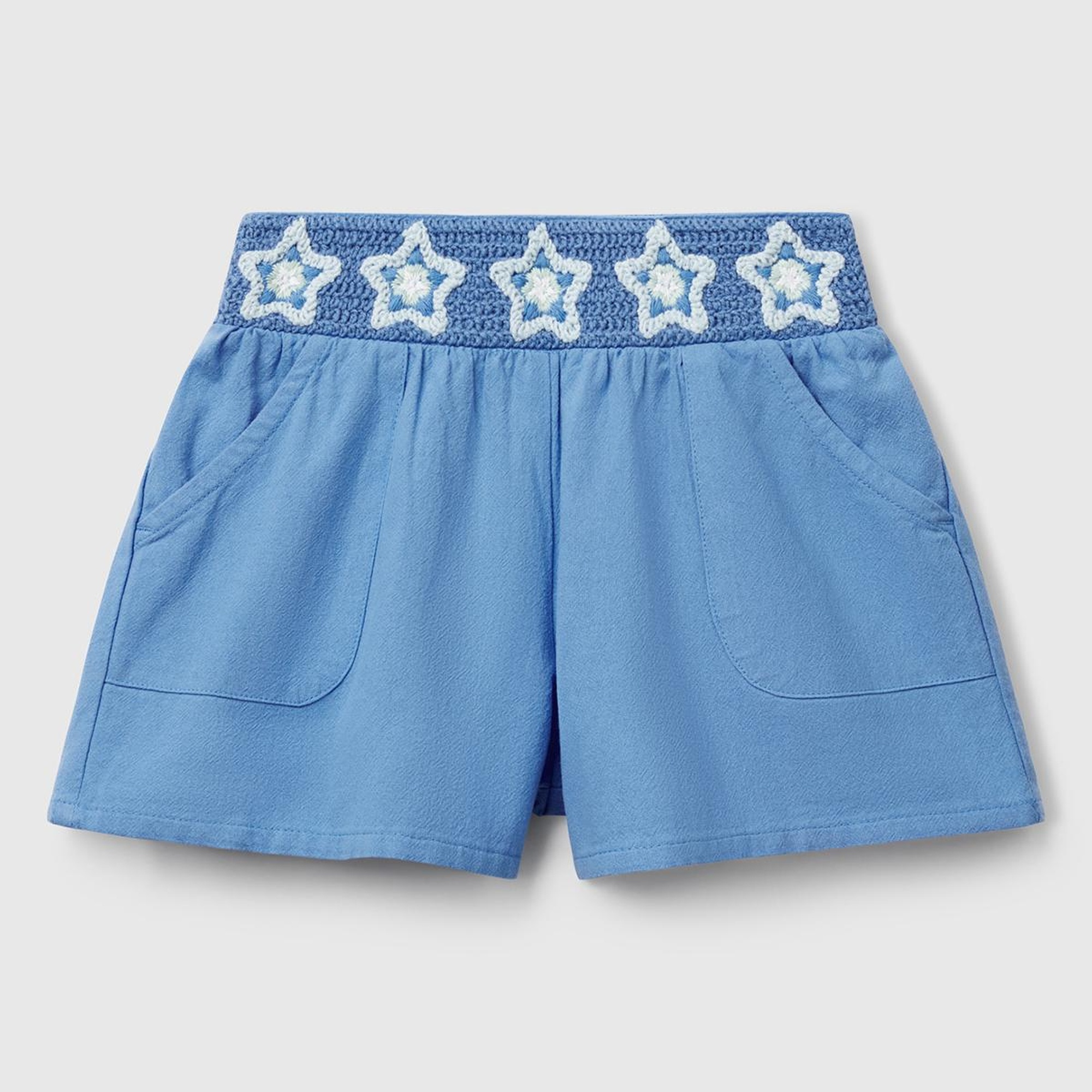 Kız Çocuk Mavi Beli Makrome Çiçek Aplikeli Lastikli Regular Fit Şort
