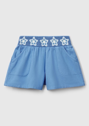  Kız Çocuk Mavi Beli Makrome Çiçek Aplikeli Lastikli Regular Fit Şort