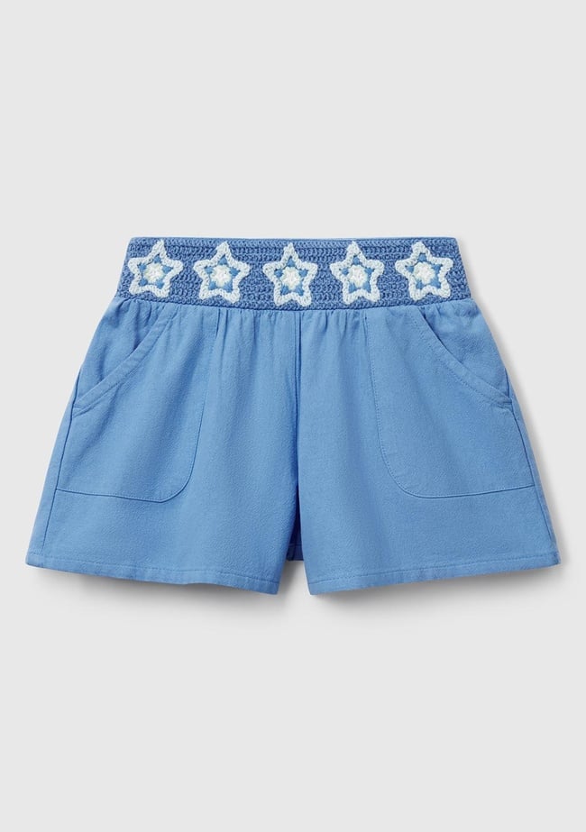  Kız Çocuk Mavi Beli Makrome Çiçek Aplikeli Lastikli Regular Fit Şort