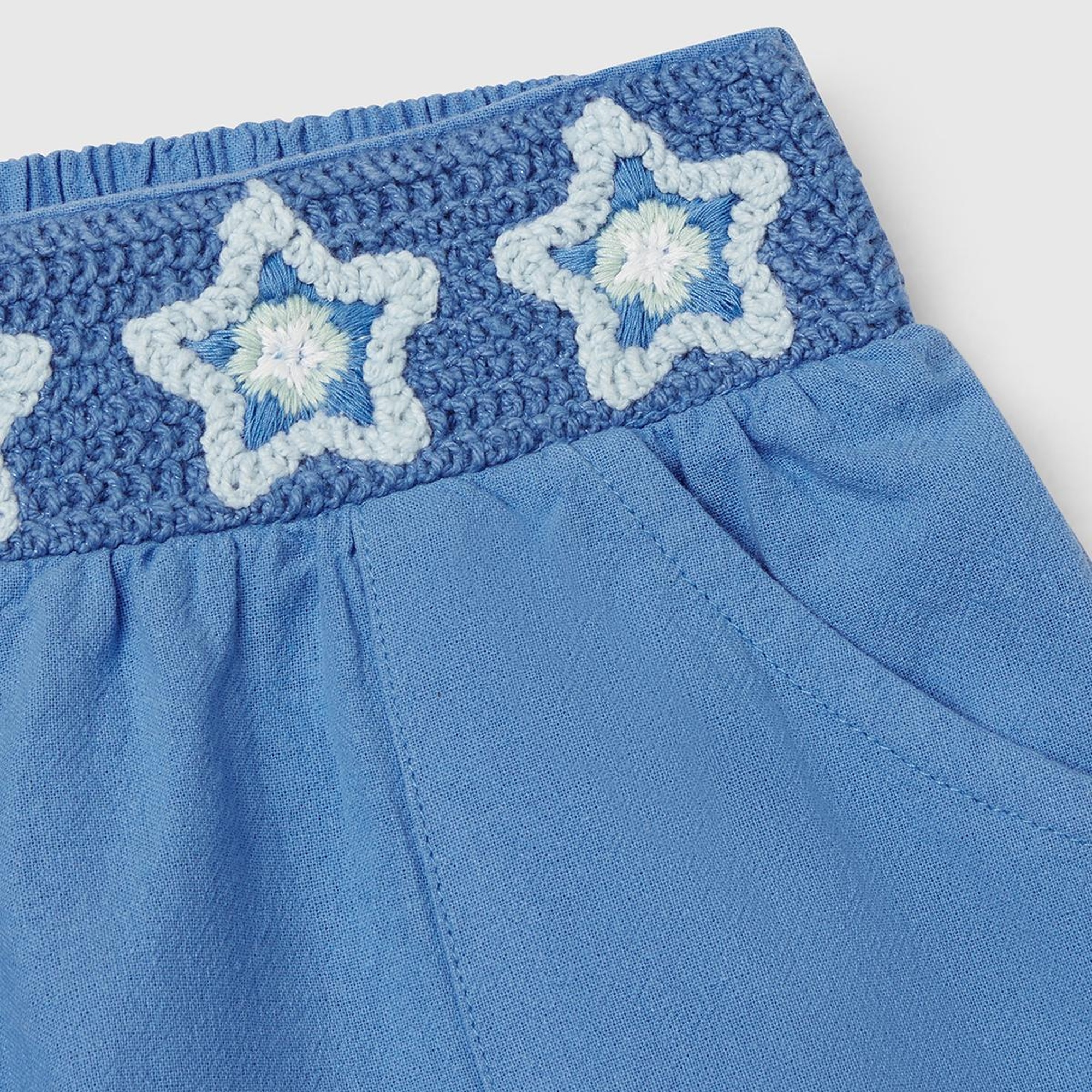 Kız Çocuk Mavi Beli Makrome Çiçek Aplikeli Lastikli Regular Fit Şort