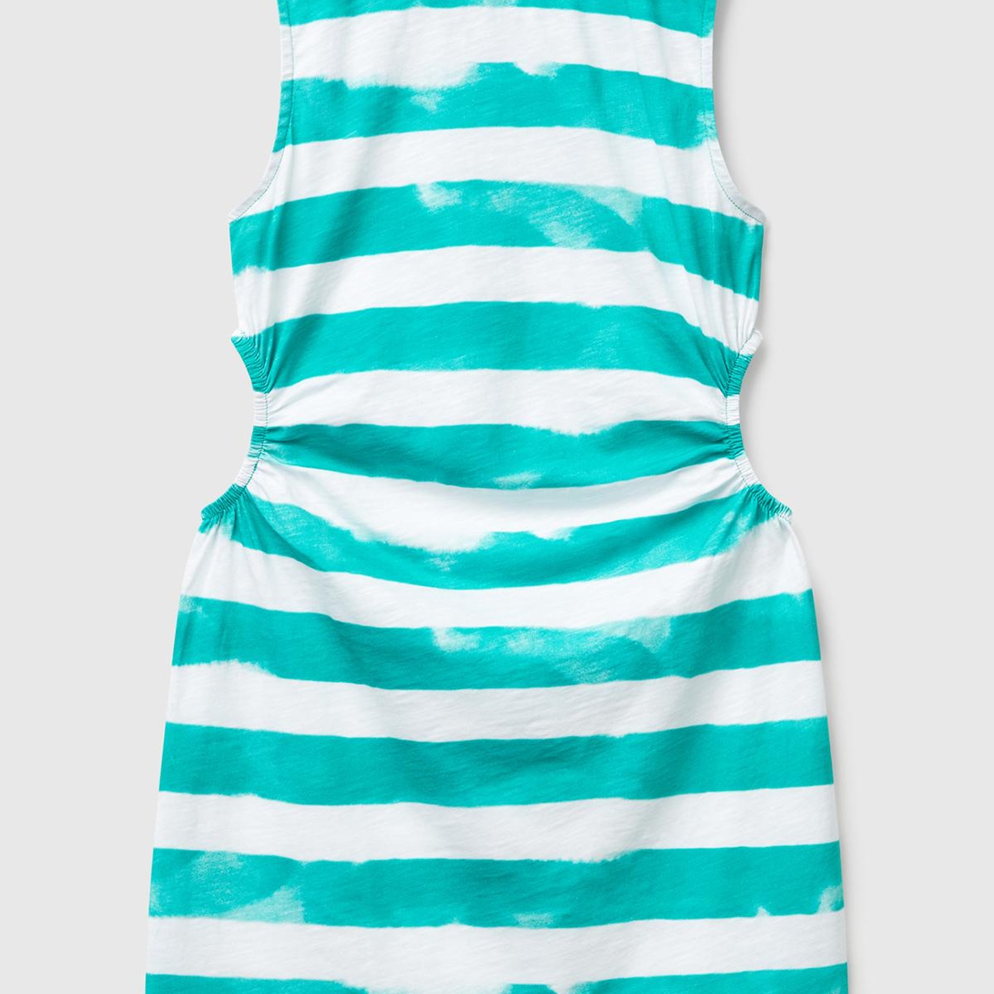 Kız Çocuk Yeşil Yanı Pencereli Çizgili Kolsuz Elbise