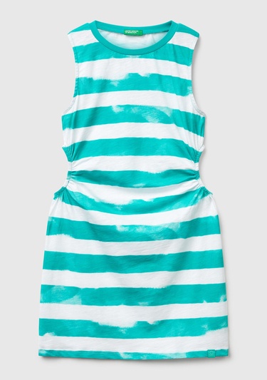  Kız Çocuk Yeşil Yanı Pencereli Çizgili Kolsuz Elbise