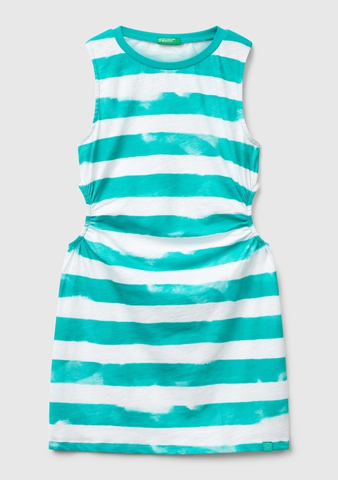  Kız Çocuk Yeşil Yanı Pencereli Çizgili Kolsuz Elbise
