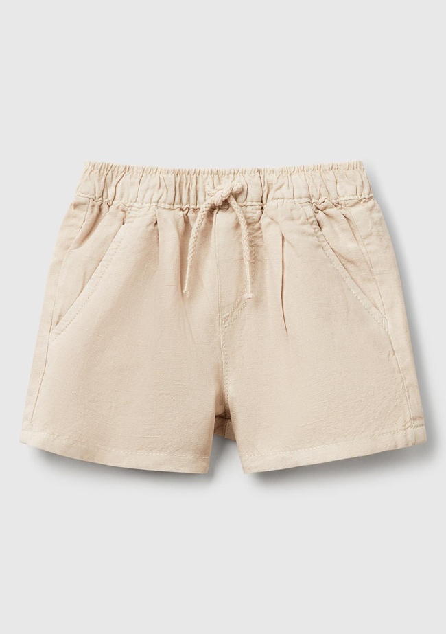  Bebek Bej Keten Karışımlı Sahte Cepli Büzgü İpli Şort