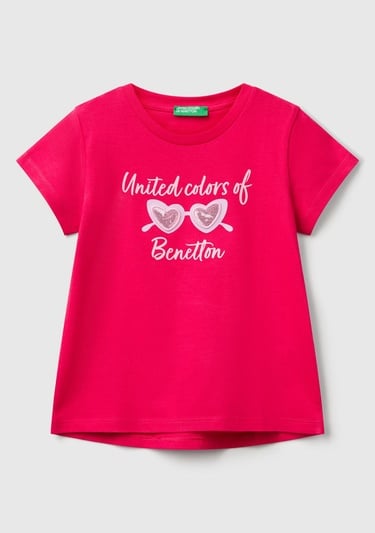  Kız Çocuk Fuşya Simli Benetton Logo Baskılı T-Shirt