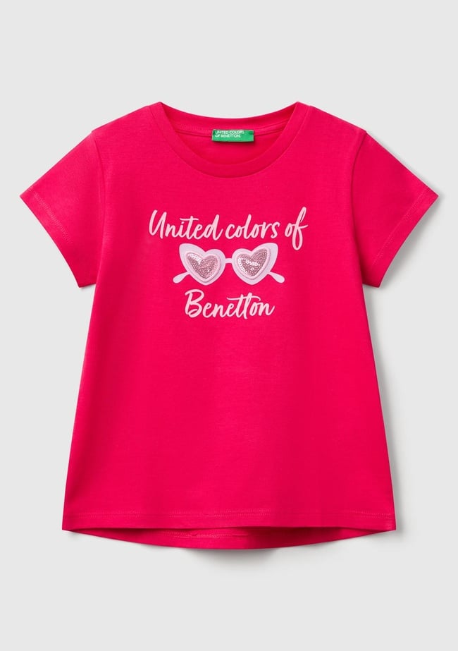  Kız Çocuk Fuşya Simli Benetton Logo Baskılı T-Shirt