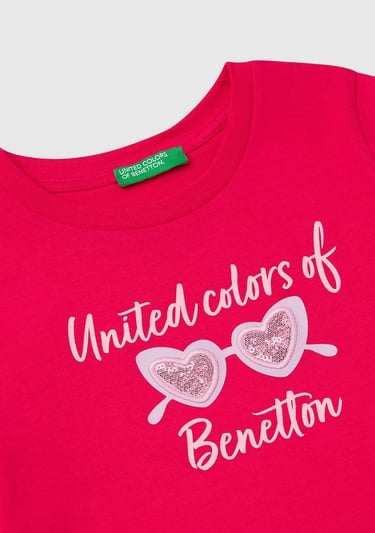  Kız Çocuk Fuşya Simli Benetton Logo Baskılı T-Shirt