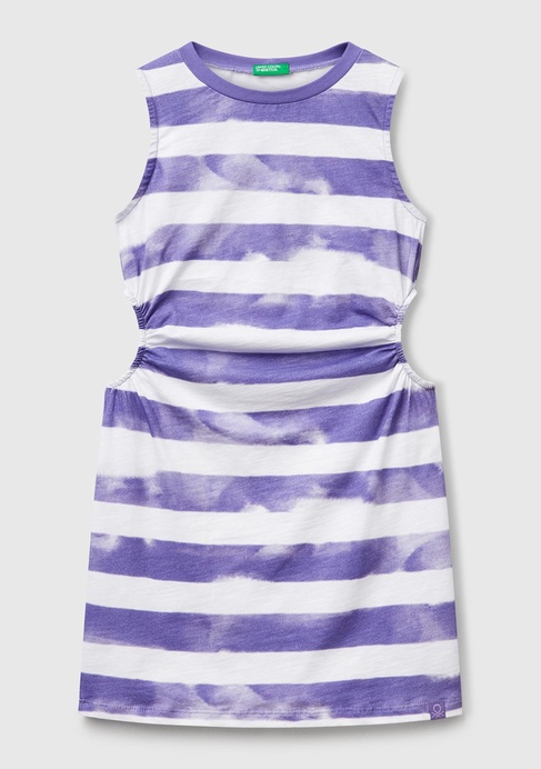  Kız Çocuk Mor Yanı Pencereli Çizgili Kolsuz Elbise