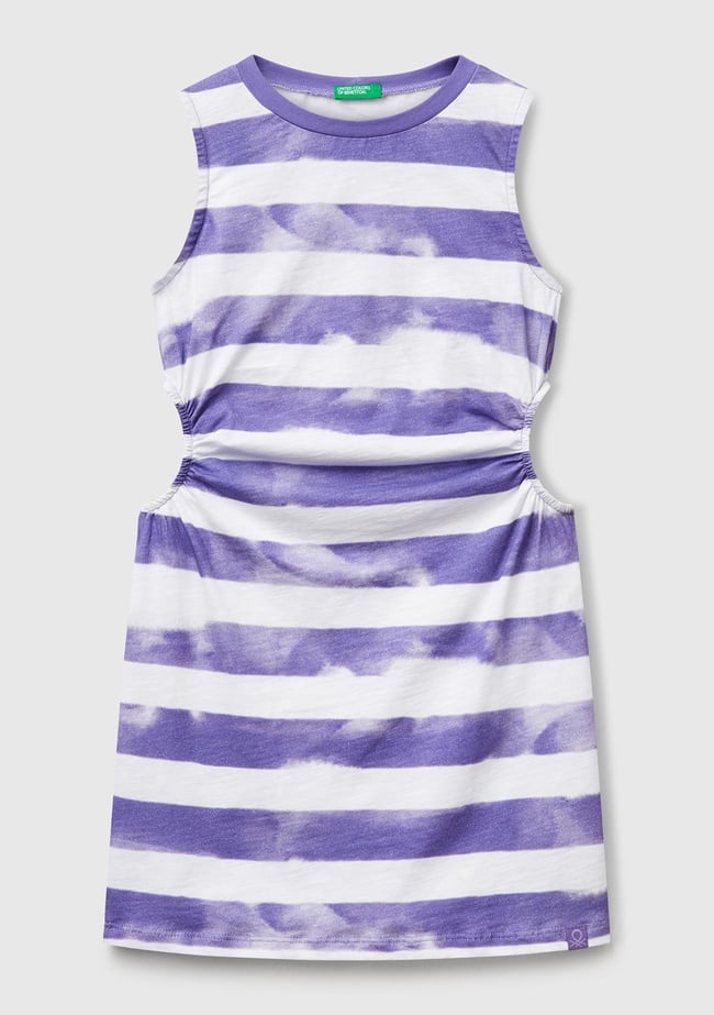  Kız Çocuk Mor Yanı Pencereli Çizgili Kolsuz Elbise