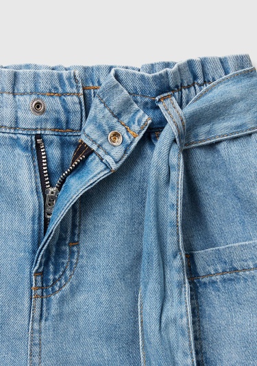  Kız Çocuk Denim Kuşaklı Beli Büzgülü Logolu Yan Cepli Denim Bermuda Şort