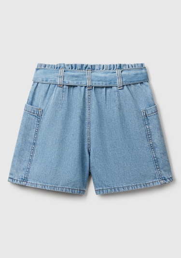  Kız Çocuk Denim Kuşaklı Beli Büzgülü Logolu Yan Cepli Denim Bermuda Şort