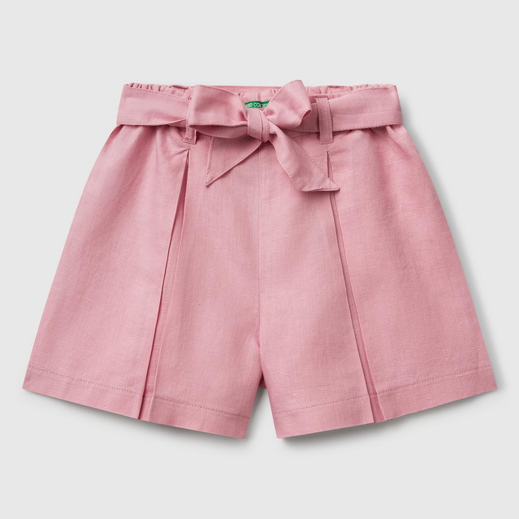 Kız Çocuk Pembe Keten Karışımlı Beli Lastikli Kuşaklı Pileli Bermuda Şort