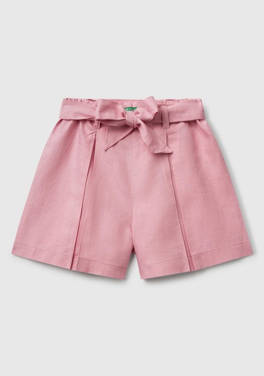  Kız Çocuk Pembe Keten Karışımlı Beli Lastikli Kuşaklı Pileli Bermuda Şort