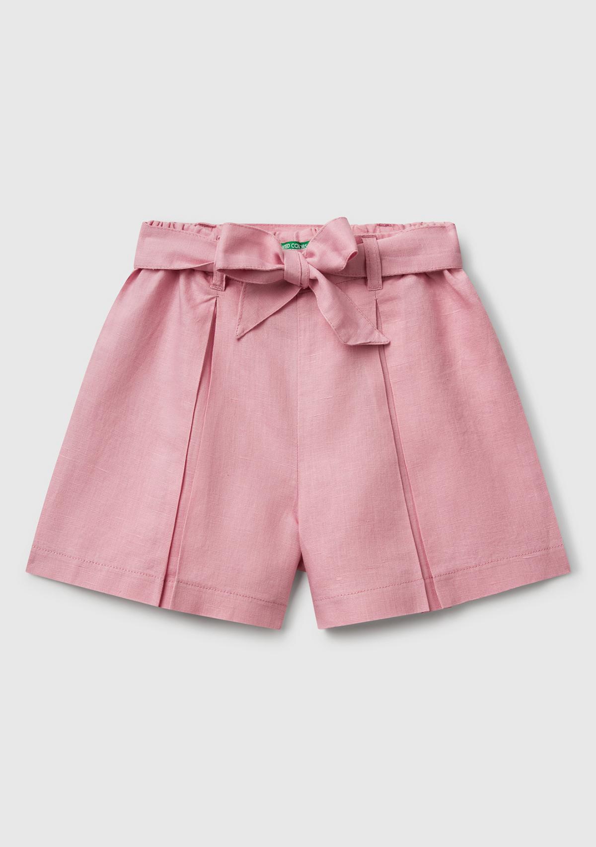  Kız Çocuk Pembe Keten Karışımlı Beli Lastikli Kuşaklı Pileli Bermuda Şort