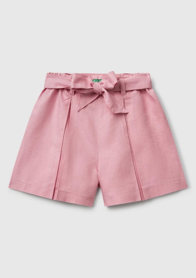  Kız Çocuk Pembe Keten Karışımlı Beli Lastikli Kuşaklı Pileli Bermuda Şort