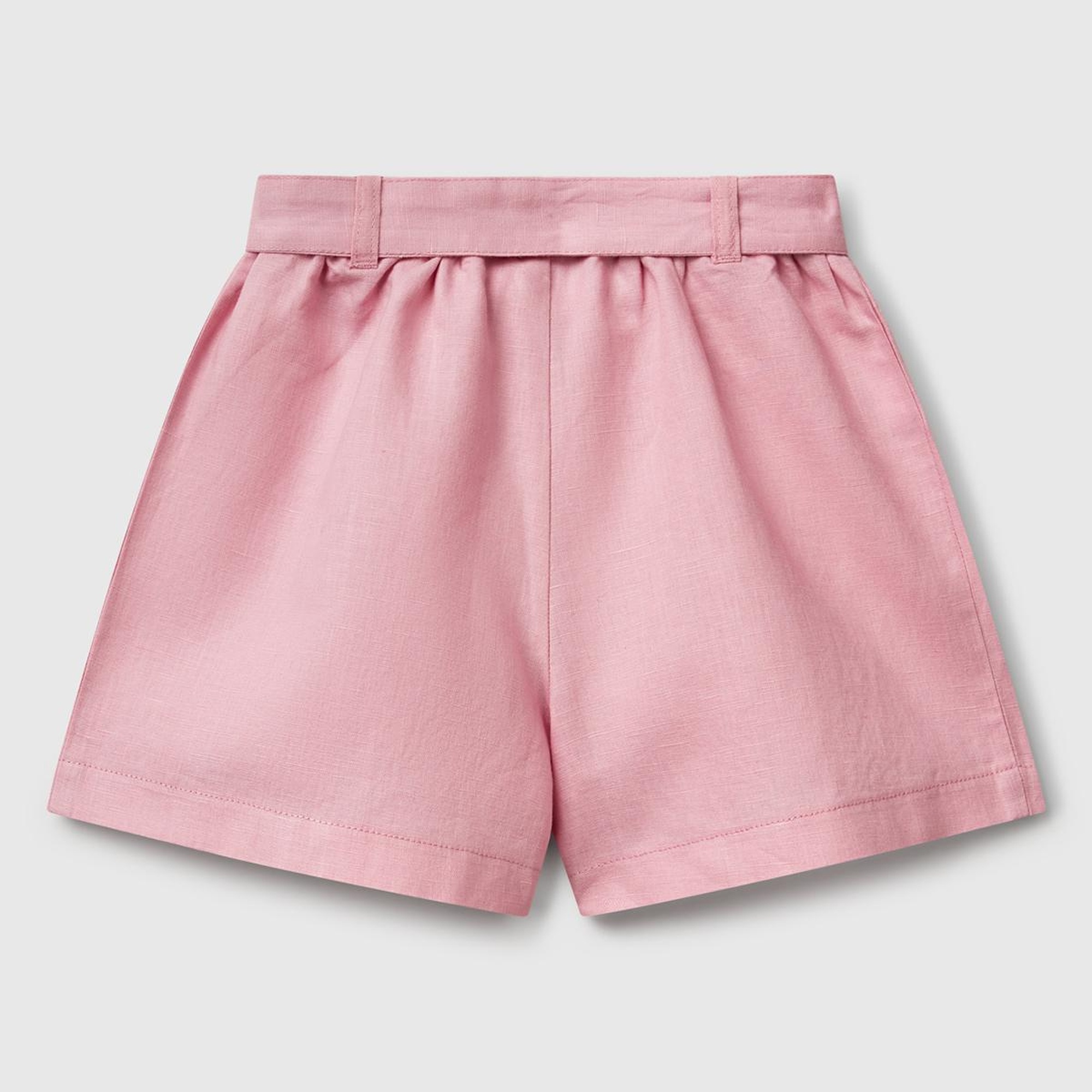 Kız Çocuk Pembe Keten Karışımlı Beli Lastikli Kuşaklı Pileli Bermuda Şort