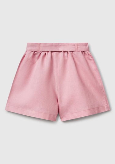  Kız Çocuk Pembe Keten Karışımlı Beli Lastikli Kuşaklı Pileli Bermuda Şort
