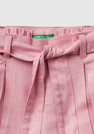  Kız Çocuk Pembe Keten Karışımlı Beli Lastikli Kuşaklı Pileli Bermuda Şort