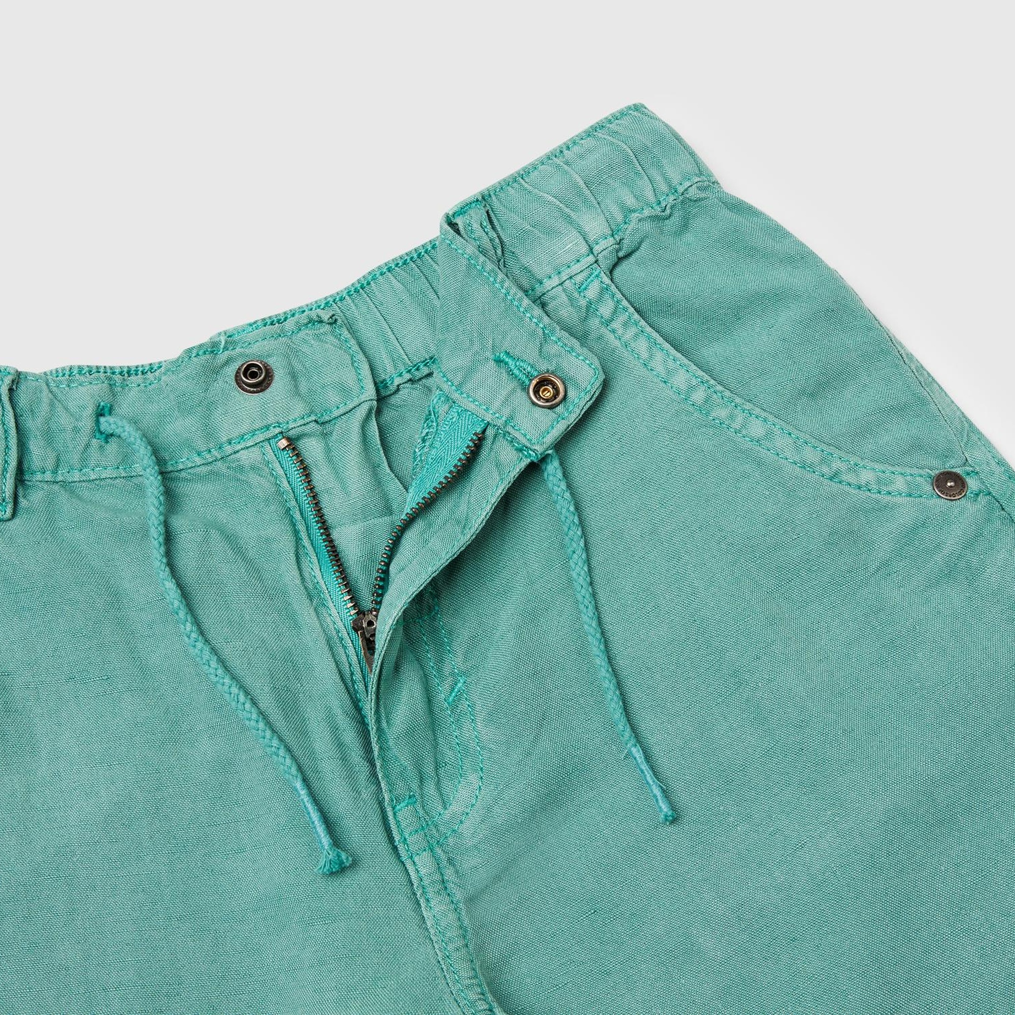 Erkek Çocuk Yeşil Liyosel ve Keten Karışımlı Büzgü İpli Cepli Bermuda Şort