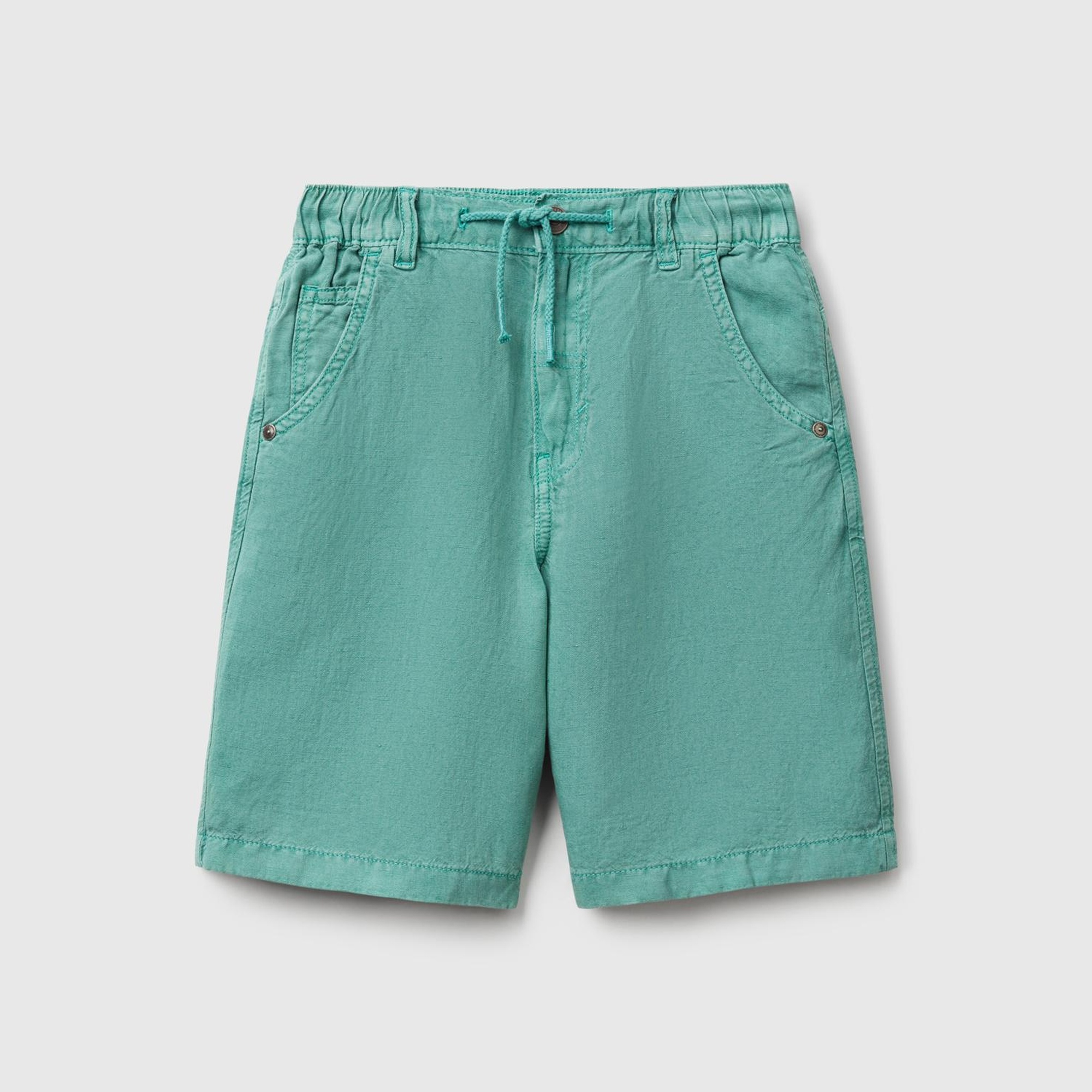 Erkek Çocuk Yeşil Liyosel ve Keten Karışımlı Büzgü İpli Cepli Bermuda Şort