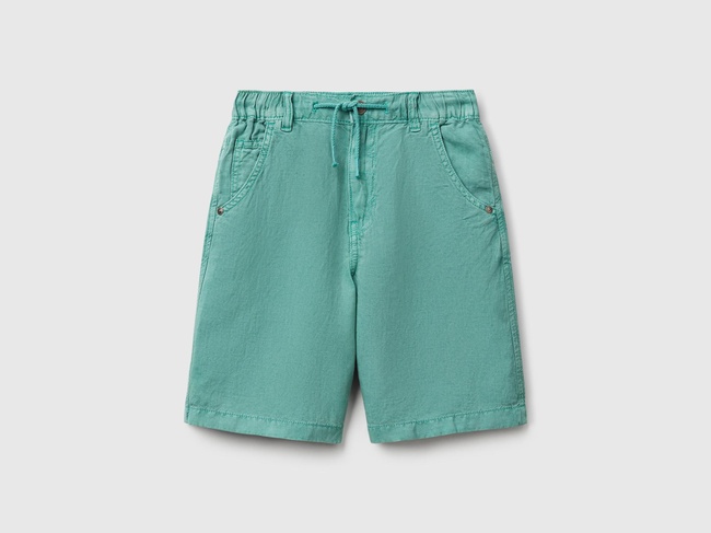  Erkek Çocuk Yeşil Liyosel ve Keten Karışımlı Büzgü İpli Cepli Bermuda Şort