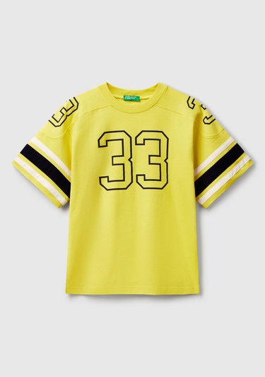  Erkek Çocuk Sarı Baskılı Kolları Şerit Detaylı Oversize T-Shirt