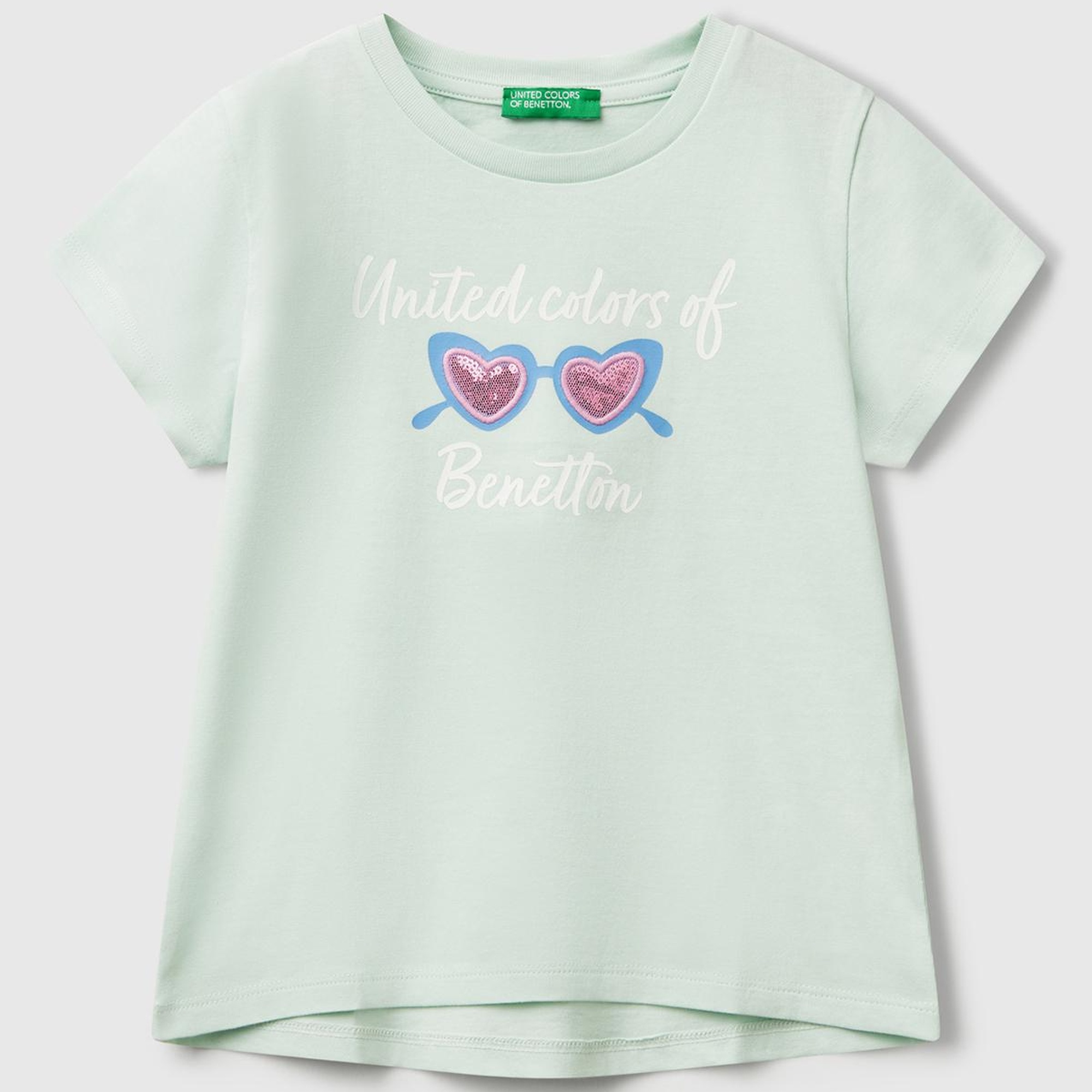 Kız Çocuk Su Yeşili Simli Benetton Logo Baskılı T-Shirt