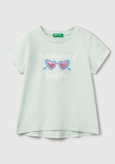  Kız Çocuk Su Yeşili Simli Benetton Logo Baskılı T-Shirt
